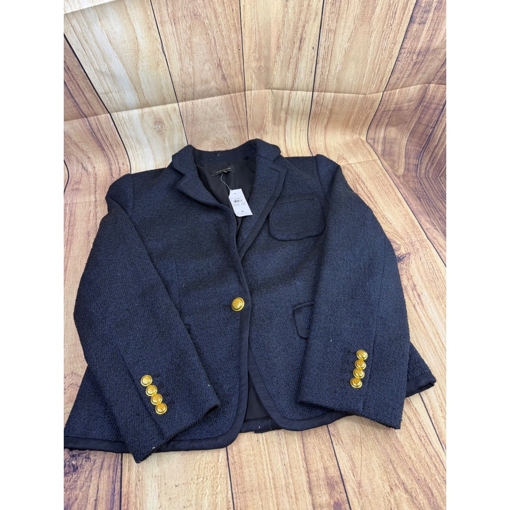 Ann Taylor Navy Blue Tweed Blazer Gold Crest Buttons Grosgrain Trim Size 6 NEW